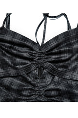 Grey Knitted Stretch Hollow-Carved Design Drawstring Bodycon Shoulder Strap Halter Neck Women's Punk Dress - Product - 9