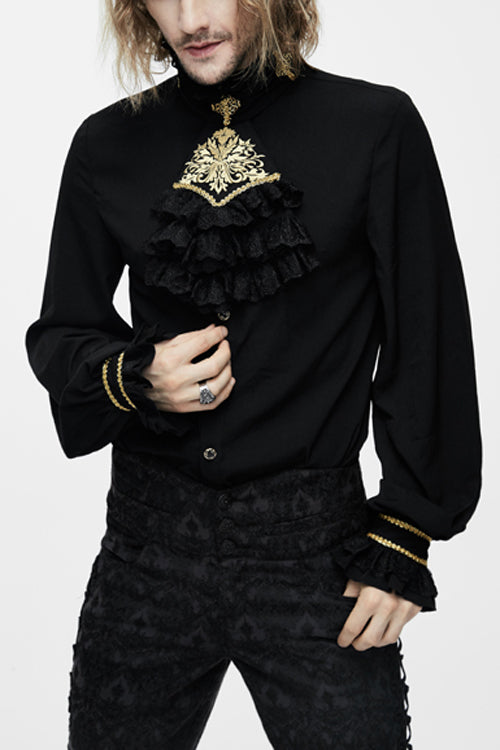 Black Chiffon Chest Embroidery Lace Sleeves Mens Gothic Blouse - Black - 1