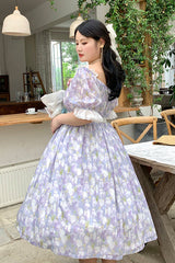 Boat Neck Ruffled Short Sleeves Plus Size Tulips Floral Print High Waisted Sweet Lolita OP Dress - Product - 5