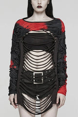 Red/Black Tie Dye Long Sleeves Hollow Womens Steampunk T-Shirt - Red/Black - 1