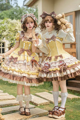 Yellow/Brown [Polka Dot Cake] Multi-Layered Printed Ruffled Bow Sweet Lolita OP Dress - Product - 5