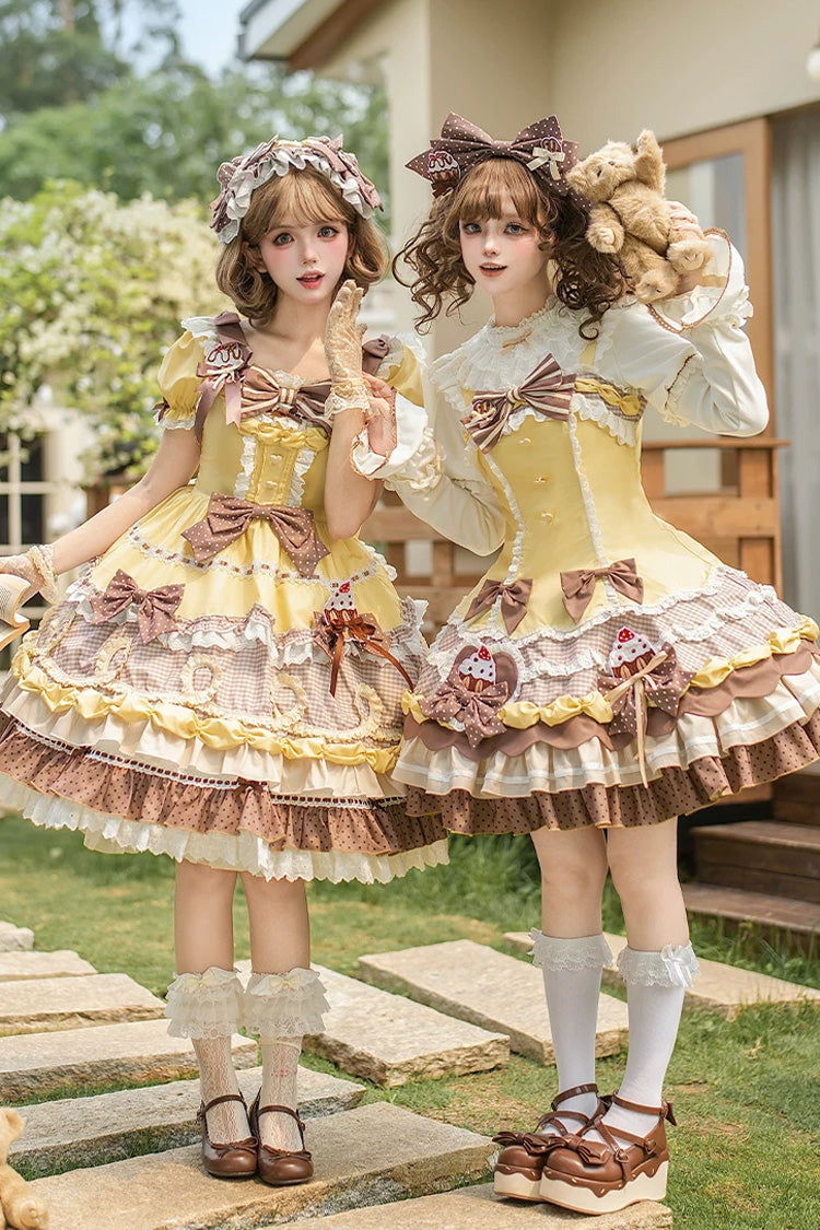 Yellow/Brown [Polka Dot Cake] Multi-Layered Printed Ruffled Bow Sweet Lolita JSK Dress - Product - 5