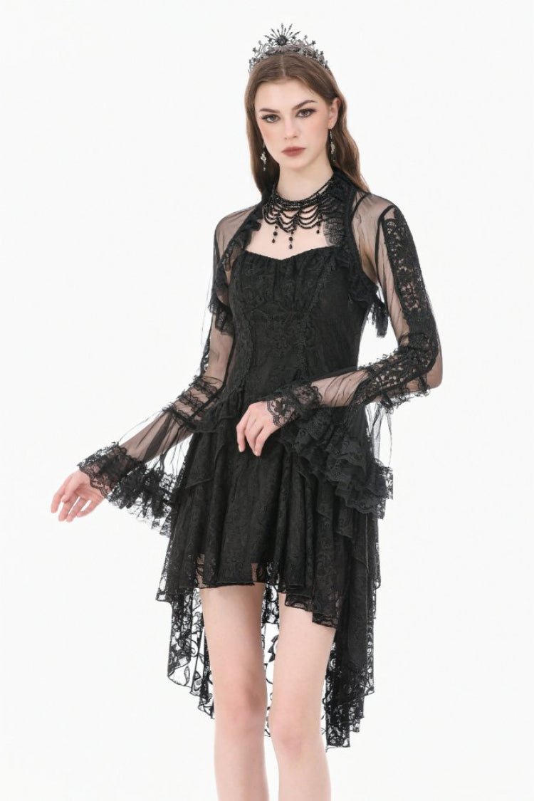Black Lace Ruffled High Collar Long Flare Sleeves Sheer Mesh Women's Gothic Cape - Product - 6