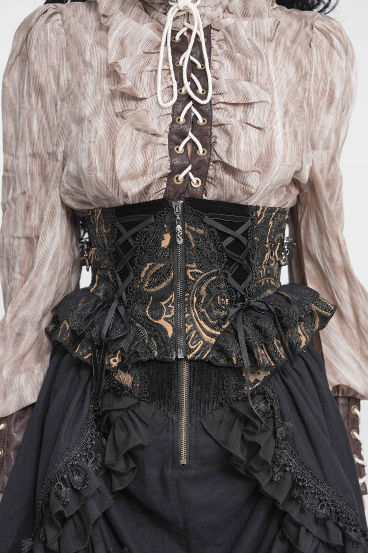 Black Jacquard Lace Lace-Up Slim Fit Zippered Women's Gothic Royal Girdle - Black - 1