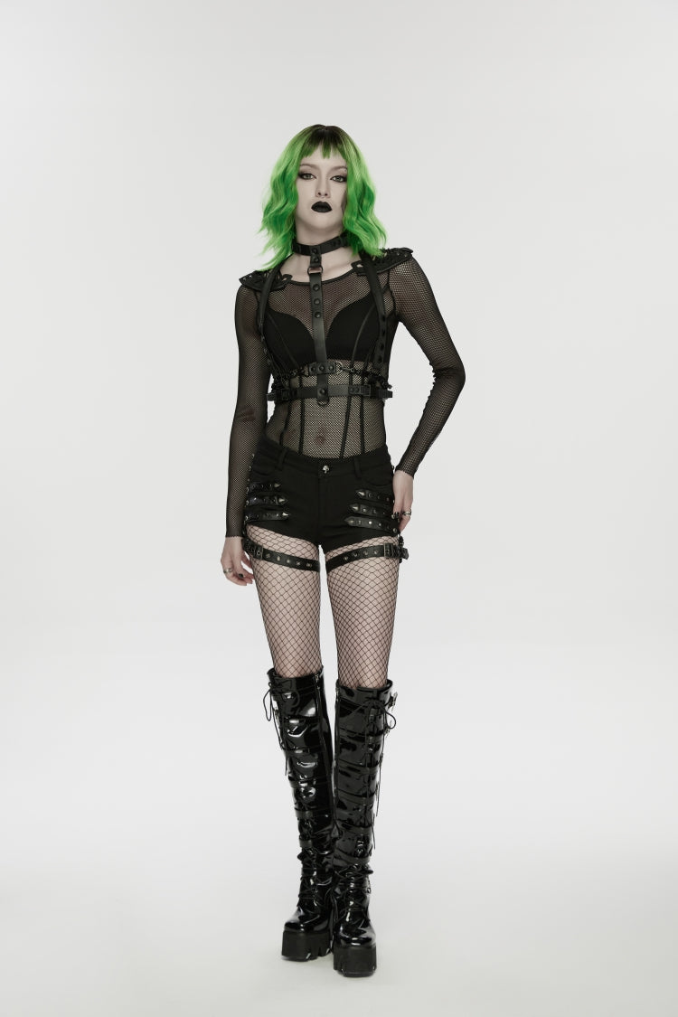 Black  Studded Women's Punk Shorts with Detachable Leg Harnesses - Black - 1