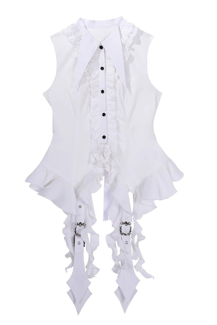 White Ruffle Irregular Clown Pointed Collar Gothic Ouji Lolita Blouse - Product - 2