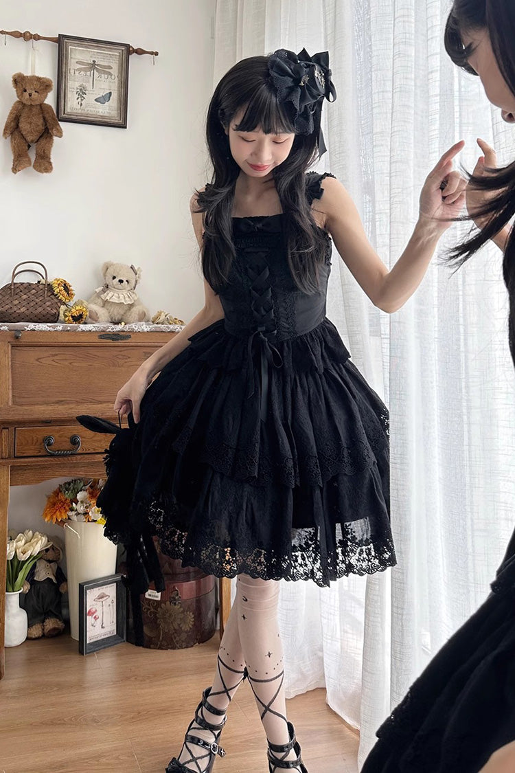 Black [Forest Waltz] Embroidery Bowknot Lace-Up Slim Sweet Elegant Lolita Suspender Top - Product - 4