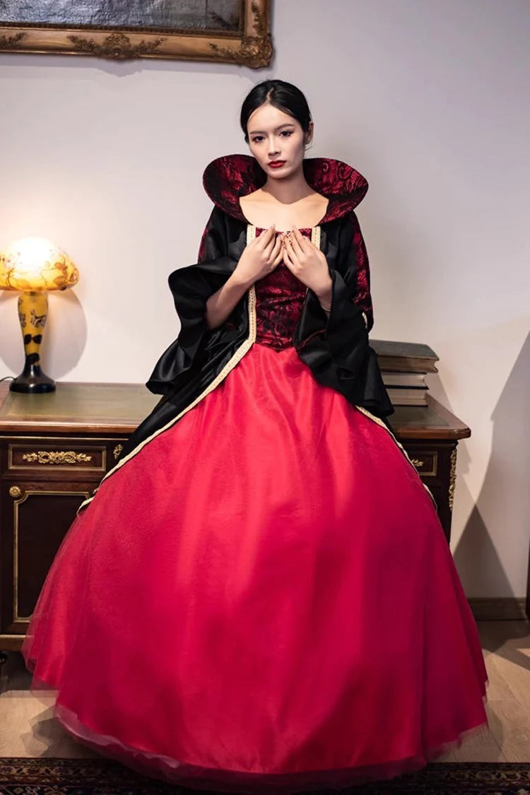 Wine Red Print Medieval Court Gothic Victorian Lolita Dress - Product - 4