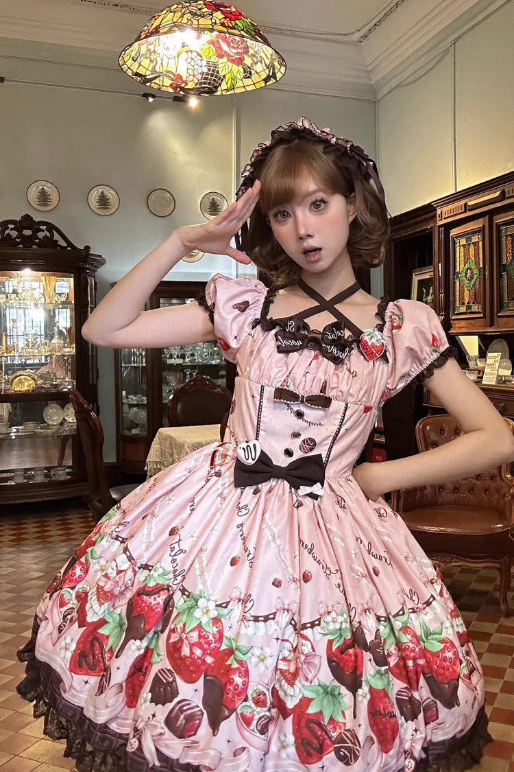 Pink [Strawberry Chocolate Lover] Square Collar Short Sleeves Printed Ruffled Bow Lace Sweet Lolita Dress - Product - 5