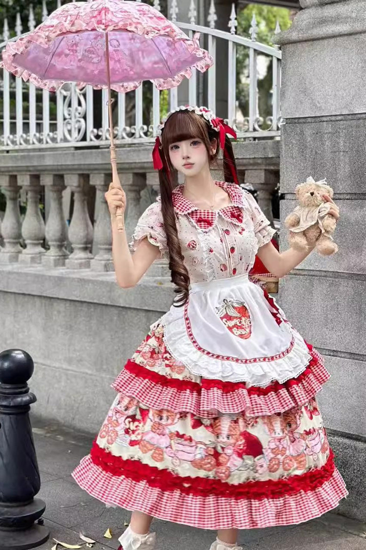 Red [Bear Strawberry Ode] Print Short Sleeves Double-Layered Ruffle Bowknot Sweet Princess Lolita Jsk Dress - Product - 2