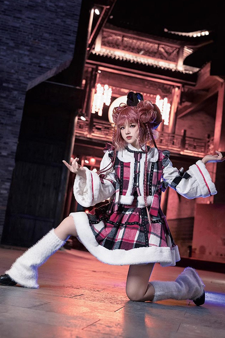 Multi-Color Plaid Print Bowknot Autumn Winter Sweet Chinese Style Lolita Skirt Set - Product - 4