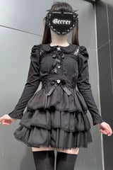 Jirai Kei Doll Collar Long Sleeves Triple-Layered Ruffled Bow Lace Japanese Skirt Blouse Set 2 Colors - Product - 3