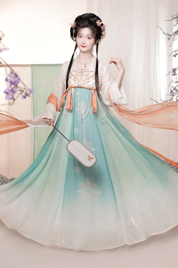 Green Chinese Style <Springtime Greeting> Embroidery High Waisted Long Trumpet Sleeves Hanfu Dress - Product - 2