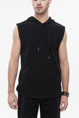 Black Knit Irregular Simple Versatile Sleeveless Hooded Men's Punk Tank Top - Black - 1
