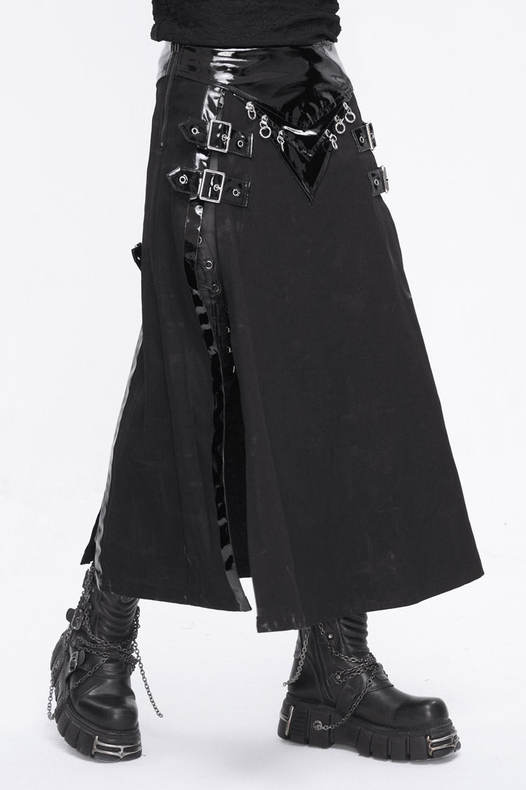 Black Patent Leather Splice Split Men's Punk Skirt - Product - 3
