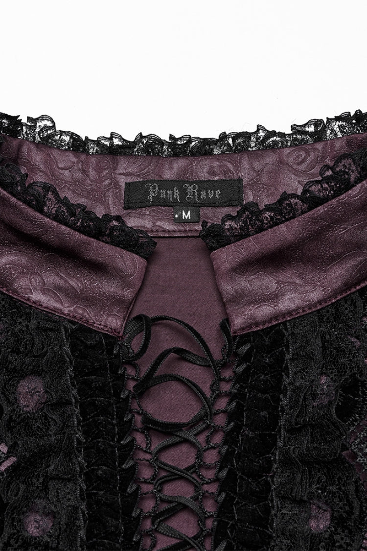 Red Stand Collar Long Sleeves Ruffle Embroidery Lace-Up Plunging Rose Men's Gothic Blouse - Product - 5