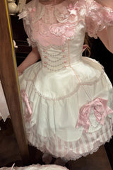 White/Pink Sleeveless Multi-Layered Ruffle Bowknot Lace Pearl Sweet Lolita Jsk Dress - Product - 2