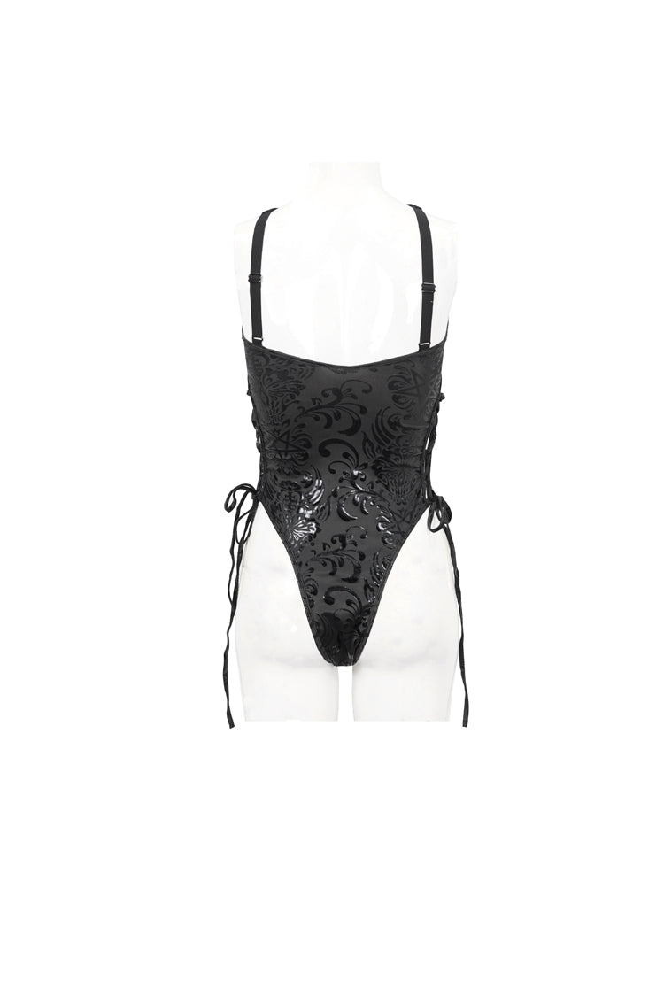 Black Pentagram Print Side Cutout Strap Women's Gothic One Piece Swimsuit - Product - 9
