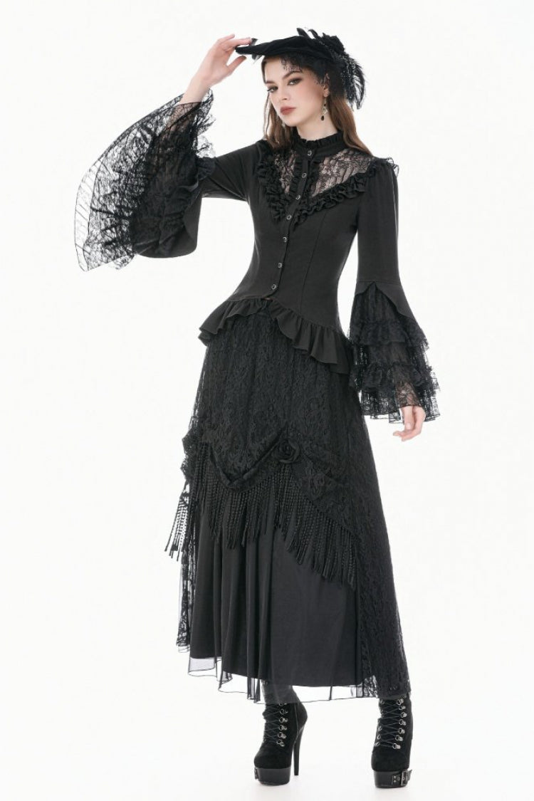 Black Stand Collar Long Trumpet Sleeves Multi-Layered Ruffled Lace Patchwork Lace-Up Women's Victorian Gothic Blouse - Product - 11