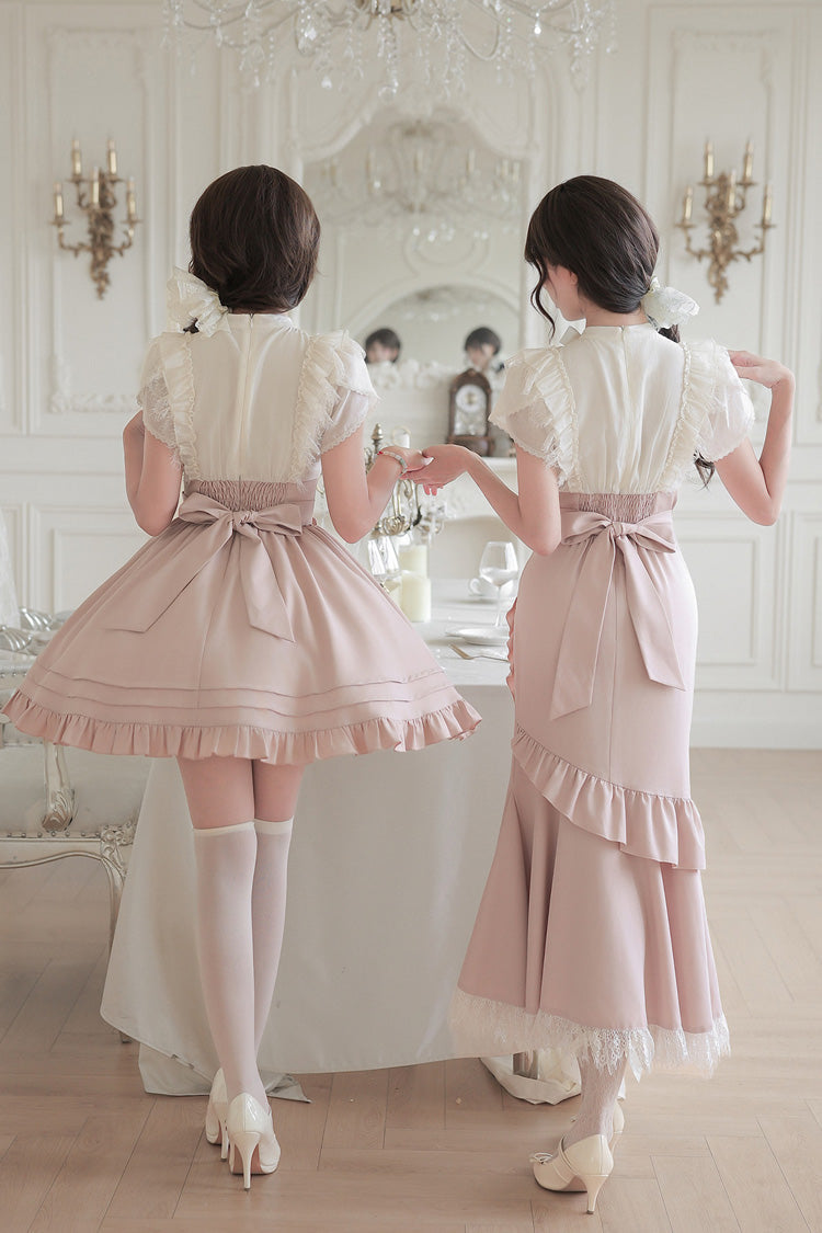 White/Pink Round Collar Short Sleeves Ruffled Bow Lace Color-Blocked Boned Sweet Lolita Dress 2 Versions - Product - 5