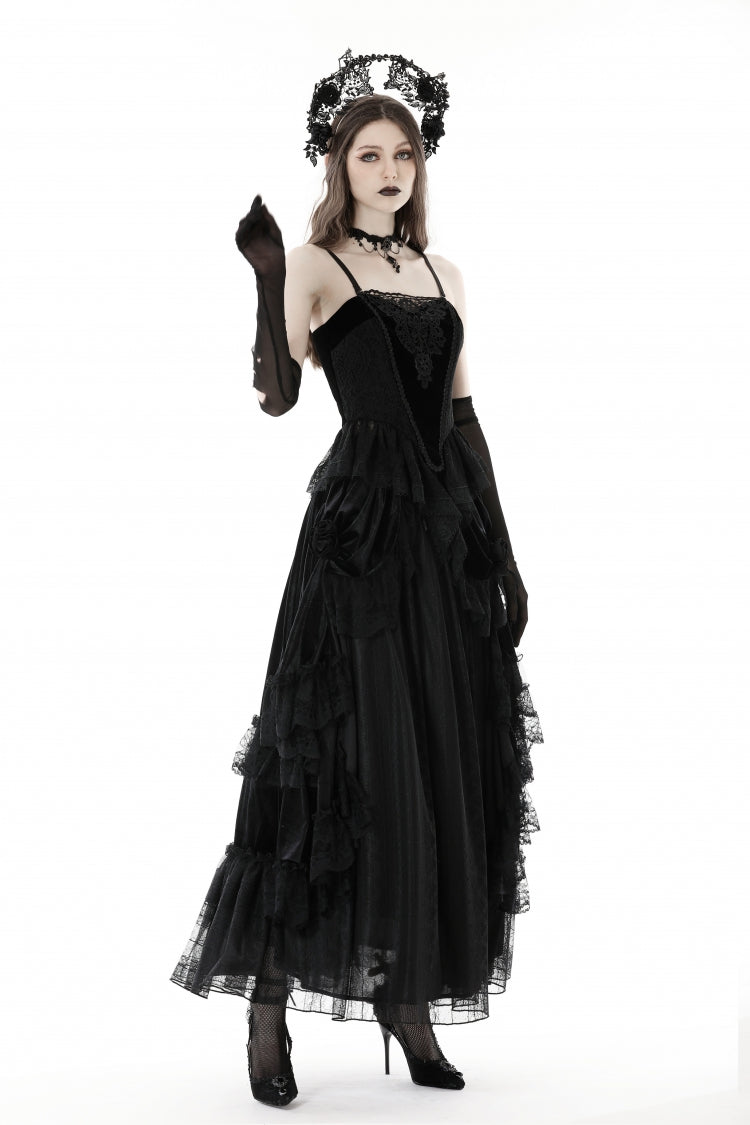 Black Sleeveless Floral Embroidered Velvet Women's Gothic Corset - Product - 12