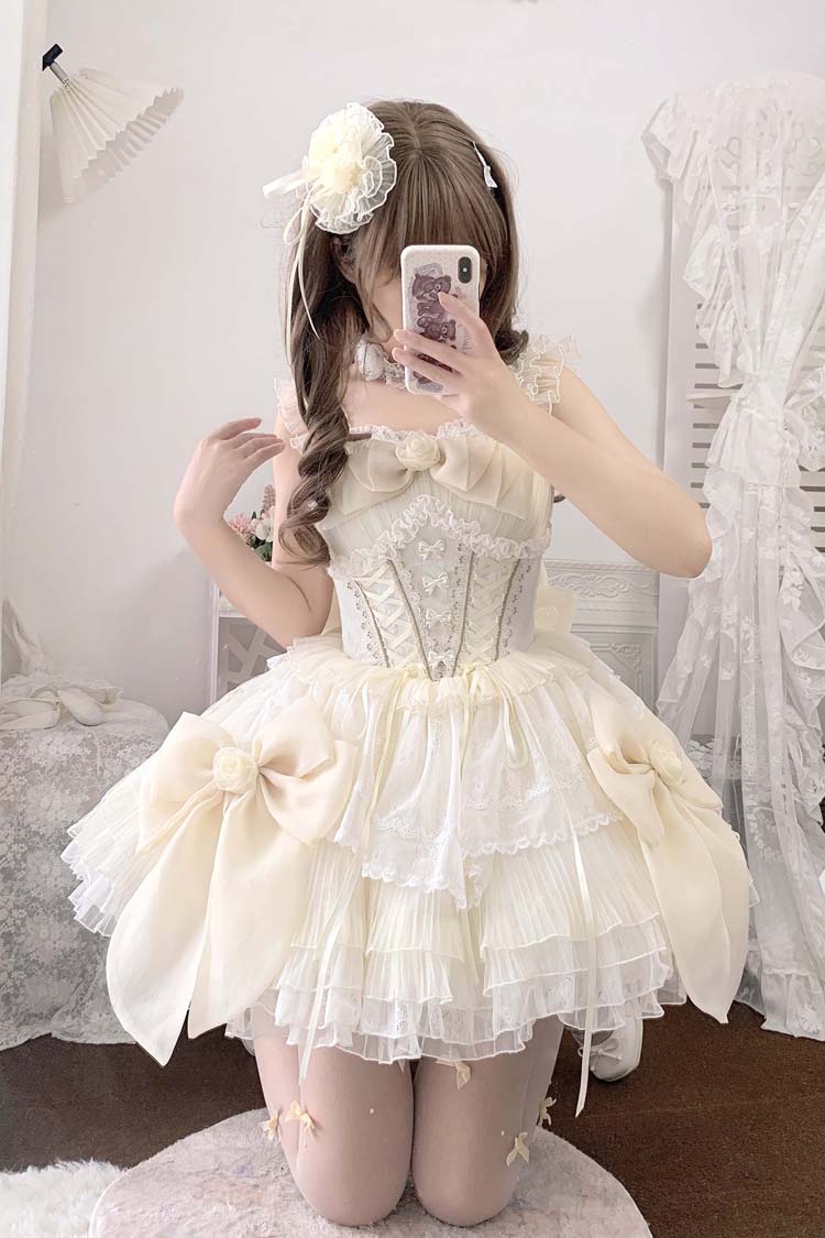 Beige Multi-layer Ruffle Hanayome Bowknot Lace-Up Sweet Princess Lolita Jsk Dress - Product - 2