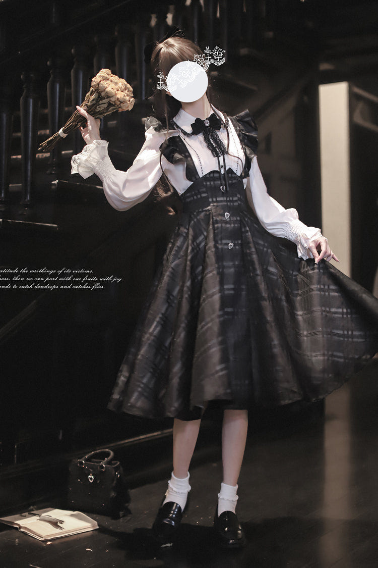 Black Plaid Print Classic College Style Elegant Lolita Strap Dress - Product - 9
