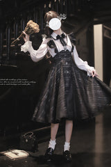 Black Plaid Print Classic College Style Elegant Lolita Strap Dress - Product - 9