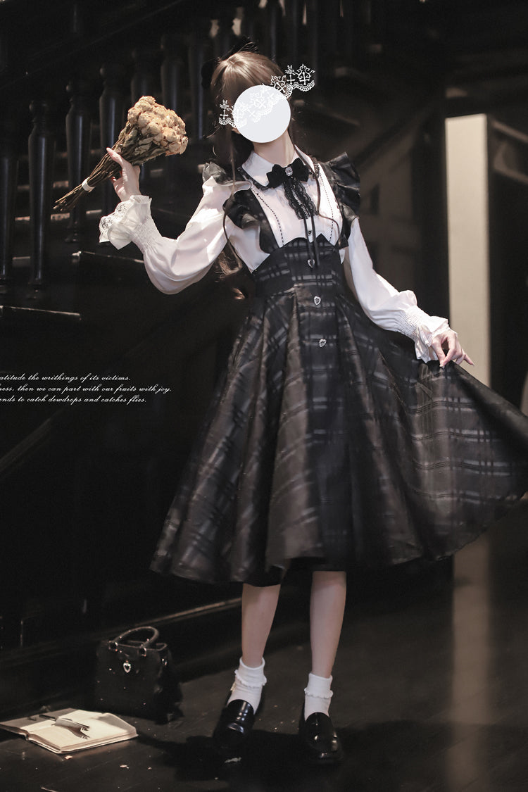 Black Plaid Print Classic College Style Elegant Lolita Strap Dress - Product - 9