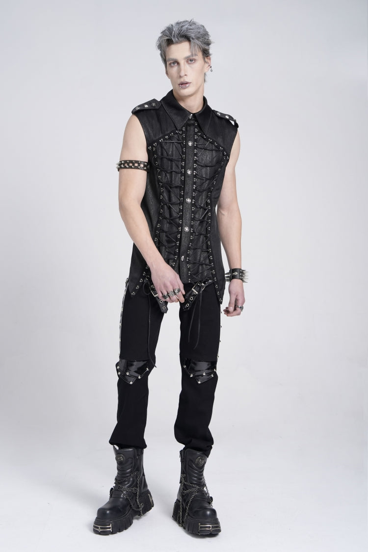 Black Sleeveless Studded Lace-Up Men's Gothic Blouse - Product - 11