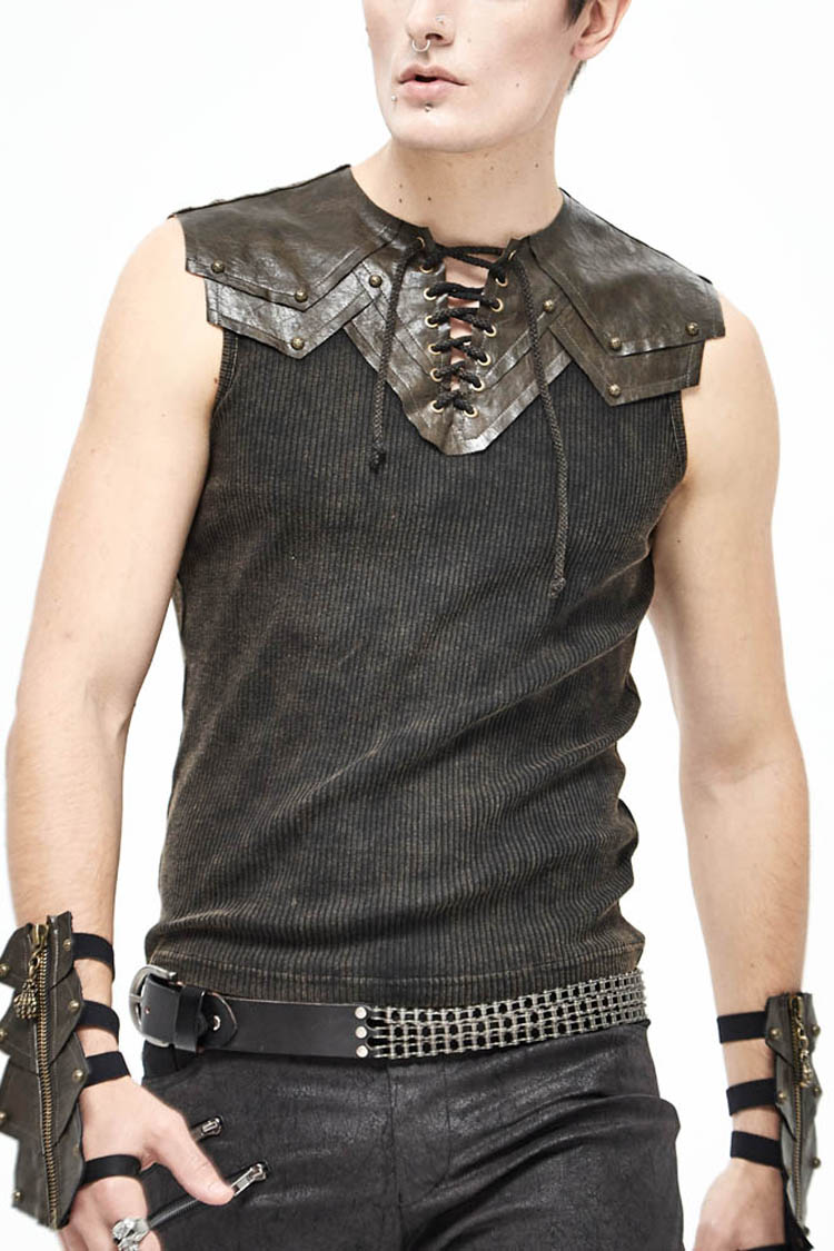Brown Lace Up Striped Shoulder Armor Shape Chest Knitting Men's Punk Vest - Brown - 1