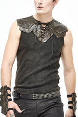Brown Lace Up Striped Shoulder Armor Shape Chest Knitting Men's Punk Vest - Brown - 1