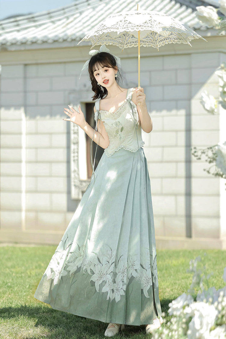Green High Waisted Print Embroidery Women's Daily Sweet Hanfu Dress Full Set - Product - 5