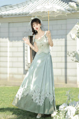 Green High Waisted Print Embroidery Women's Daily Sweet Hanfu Dress Full Set - Product - 5