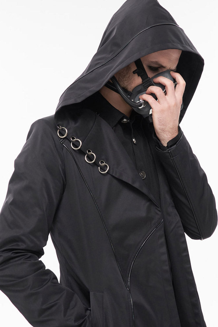 Black Punk Back Splicing Straps Design Windproof Fabric Daily Matching Hooded Casual Men's Coat - Product - 11