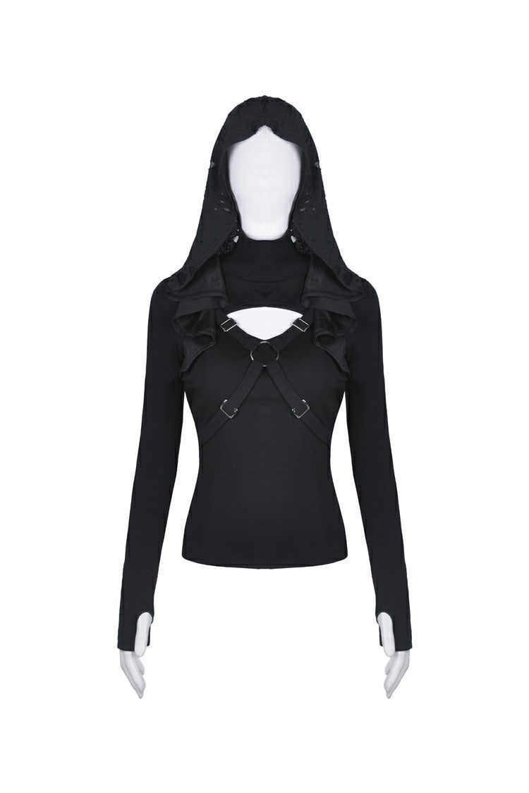 Black Women's Punk Long Sleeves Cut-Out Cross Connection Front Hooded Top - Product - 3