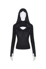 Black Women's Punk Long Sleeves Cut-Out Cross Connection Front Hooded Top - Product - 3