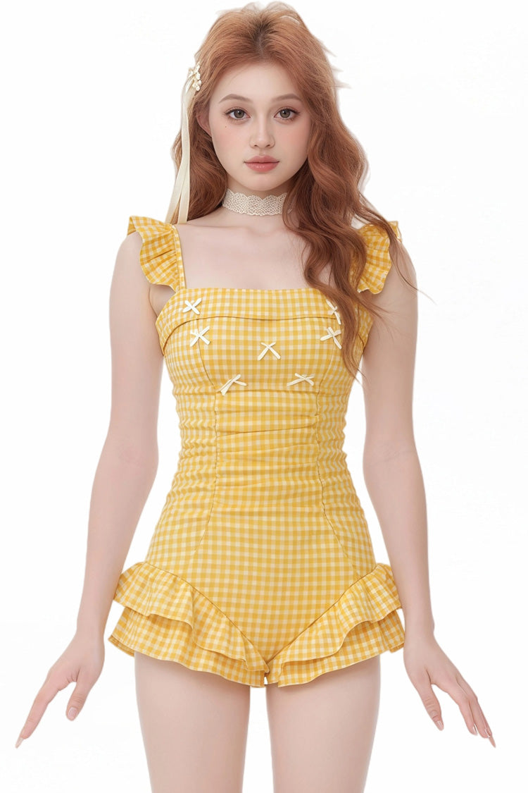 Square Collar Sleeveless Plaid Printed Ruffled Sweet Lolita One-Piece Swimsuit 6 Colors (Blue, Pink, Green, Yellow, Purple, Red) - Yellow - 11