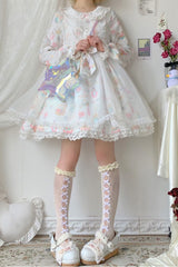 White/Apricot Long Sleeves Print Bowknot Lace Sweet Plus Size Lolita Dress - Product - 2