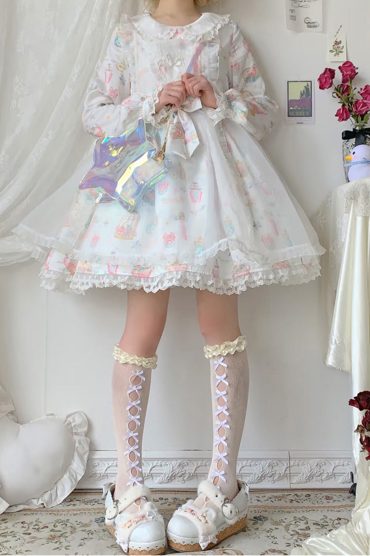 White/Apricot Long Sleeves Print Bowknot Lace Sweet Plus Size Lolita Dress - Product - 2