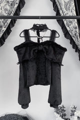 Jirai Kei Off Shoulder Long Sleeves Lace Sweet Japanese Fleece-Lined Top 3 Colors - Black - 4
