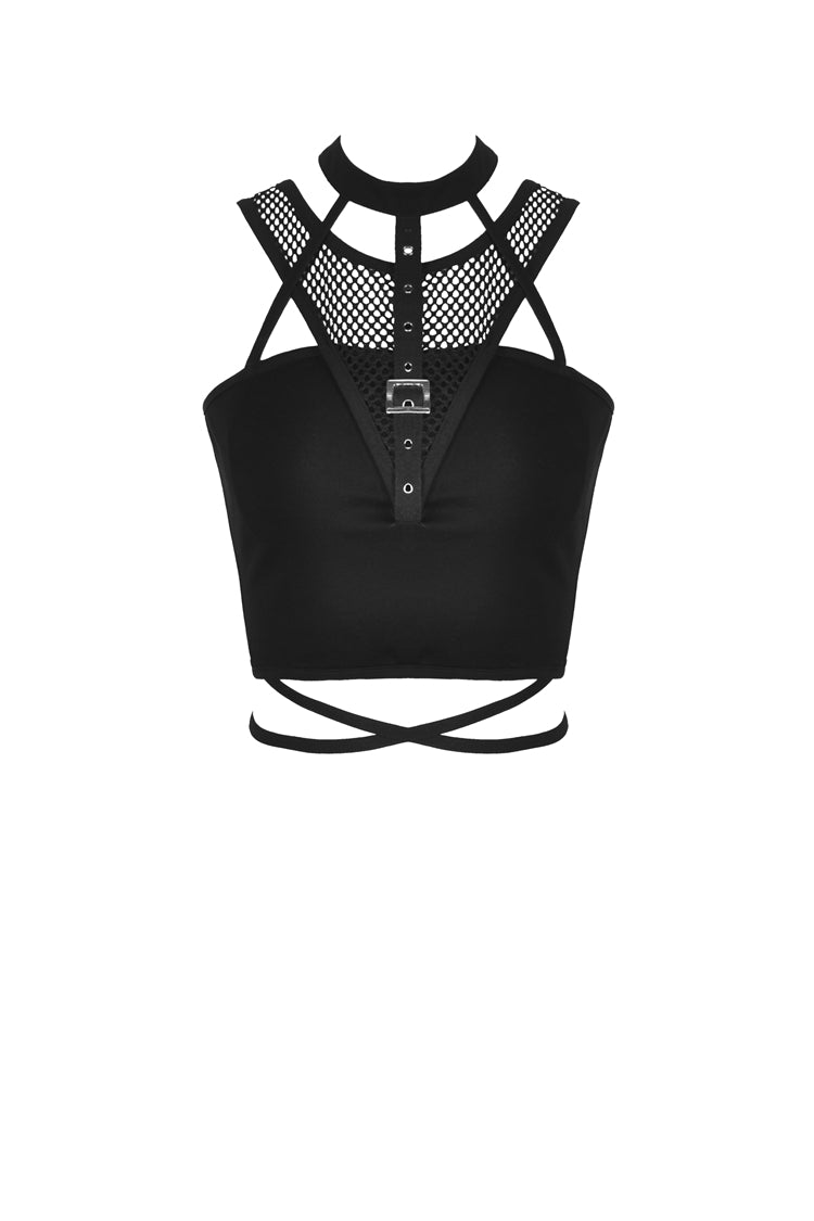 ブラック ホルターネック スプライシング メッシュ ストラップ バックル アイレット ハーネス レディース パンク 腹部ベア タンク トップ 商品画像