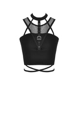 Black Halterneck Spliced Mesh Strappy Buckle Eyelet Harness Women's Punk Midriff-Baring Tank Top - Product - 3