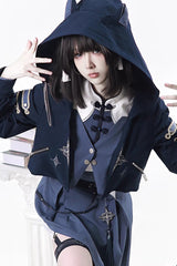 Blue [Indigo Shadow Journey] Stand Collar Long Sleeves Embroidered Hooded Asymmetric Punk Ouji Lolita Dress Four-Piece Set - Product - 13