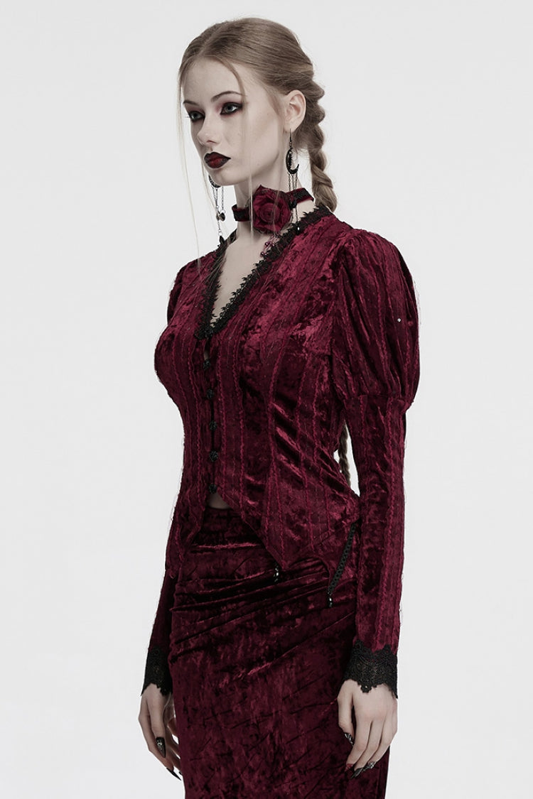 Red V Collar Long Puff Sleeves Women's Gothic Blouse - Product - 2