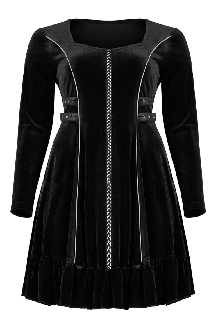 Black Stretch-Velvet Chain Print Decoration Webbing Long Sleeve Straps Women's Plus Size Gothic Dress - Product - 5
