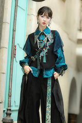 Black/Green Round Collar Long Sleeves Ruffle Embroidery Chinese Style Vintage Handsome Ouji Lolita Set - Product - 8