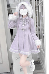 Grey/Purple Long Sleeves Bowknot Rabbit Ears Detachable Hooded Japanese Jirai Kei Coat - Grey/Purple - 1