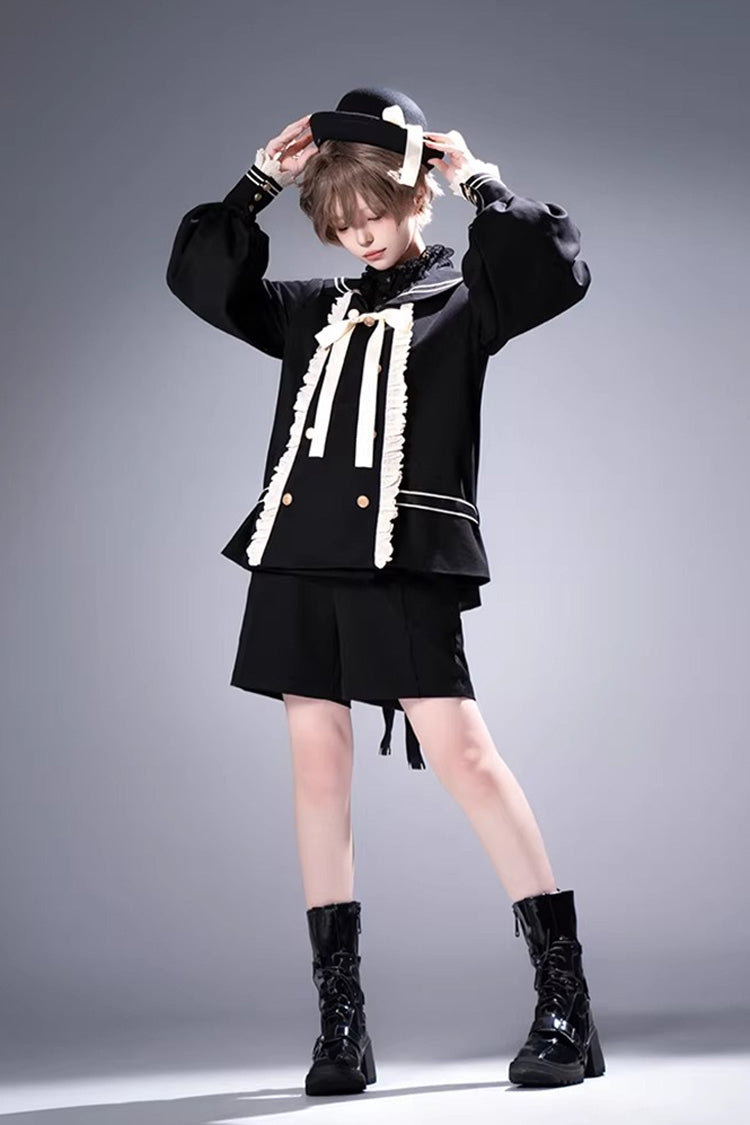 Black [City of Mist] Navy Collar Long Sleeves Gothic College Style Prince Ouji Lolita Shorts Coat Set - Product - 7