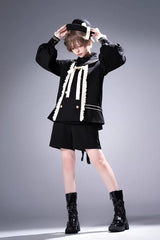Black [City of Mist] Navy Collar Long Sleeves Gothic College Style Prince Ouji Lolita Shorts Coat Set - Product - 7